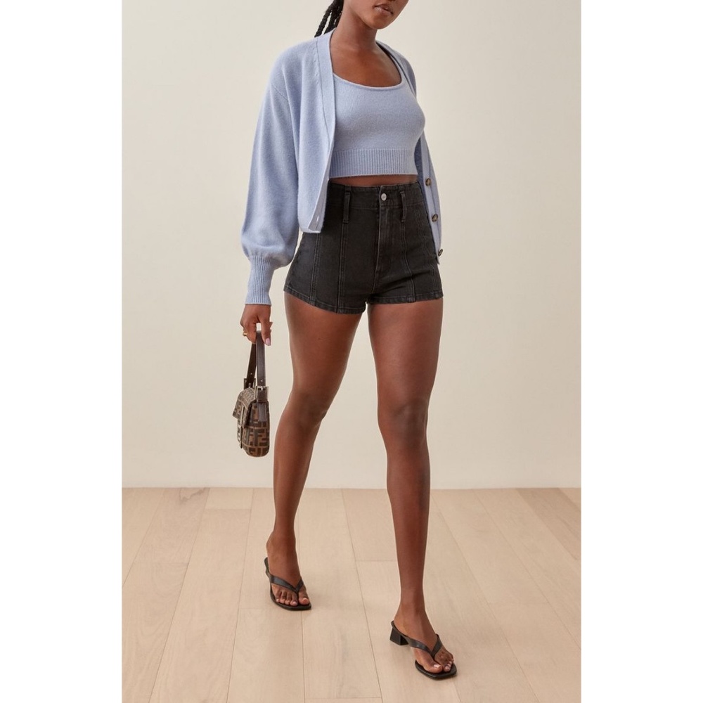 ✨NWT✨ REFORMATION Eva Seamed High Rise Cheeky Jean Shorts in Havana/Black Sz 29